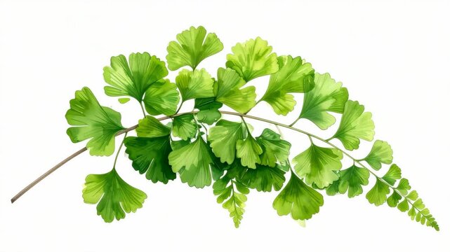 Watercolor illustration of a fresh green maidenhair fern branch with delicate fan shaped leaves on a white background