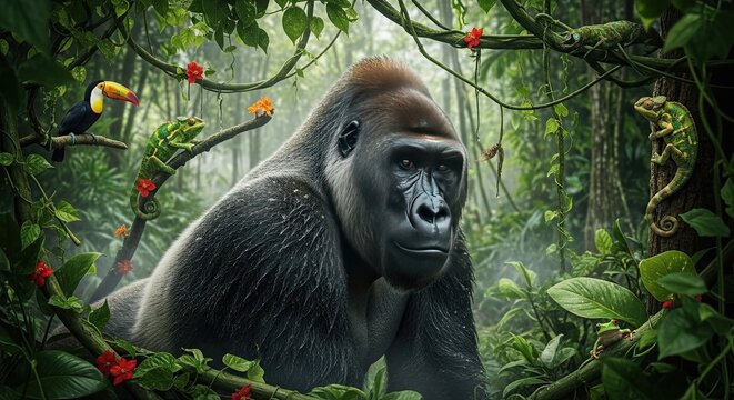 Majestic silverback gorilla in lush rainforest habitat