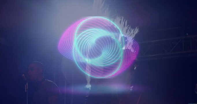Singer and performer leaning into microphone, mixing live music scene with neon ring overlays