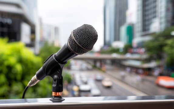 Reporter with Microphone on Balcony Overlooking Busy City Street Scene