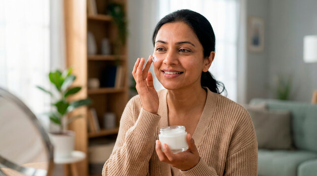 Middle aged Indian woman with clear skin applying face cream from a glass jar in a bright, sunlit living room at home today