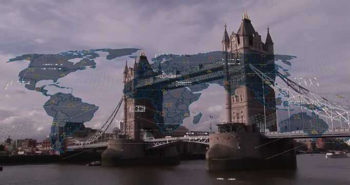 Tower Bridge spanning River Thames while world map overlay connecting digital data icons