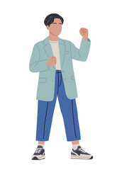 Fototapeta premium Minimalist flat vector of a confident young person in a teal blazer and blue trousers raising a fist in triumph. Faceless character design with clean lines and modern colors on transparent background.