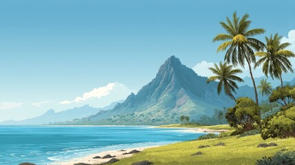 Scenic Rear View of a Mountain Overlooking a Beach in Hawaii