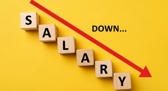 Declining salary concept with wooden blocks and red arrow on yellow background