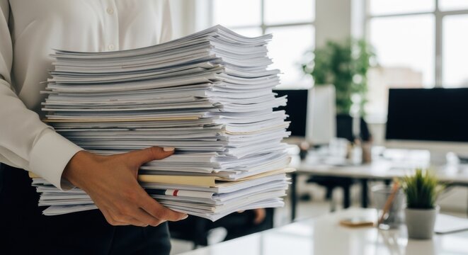 Woman holding stack of white paper documents in office. Employee carrying heavy pile of paperwork. Administrative assistant with bureaucracy, excess task, work overload or deadline.
