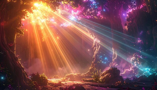 Enchanting forest scene with vibrant colors and light beams piercing through trees