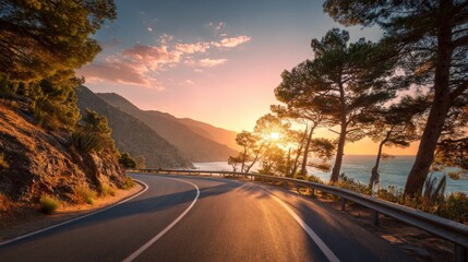 Naklejka premium Road by ocean sunset landscape