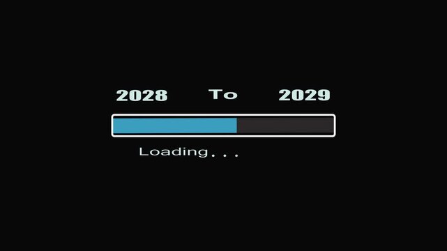 Loading bar 2028-2029 animation with progress status for website UI and app interface, blue digital uploader bar on black background