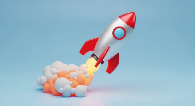 Dynamic 3D illustration of a rocket launching skyward, symbolizing rapid business growth, innovation, and successful project initiation against a clean backdrop