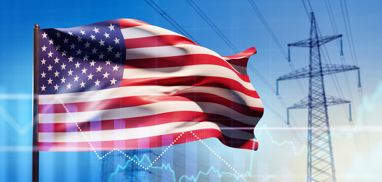 Energy industry, power infrastructure. United States flag waves near high voltage transmission towers with financial graph overlay, symbolizing electricity market, grid economy  energy sector growth