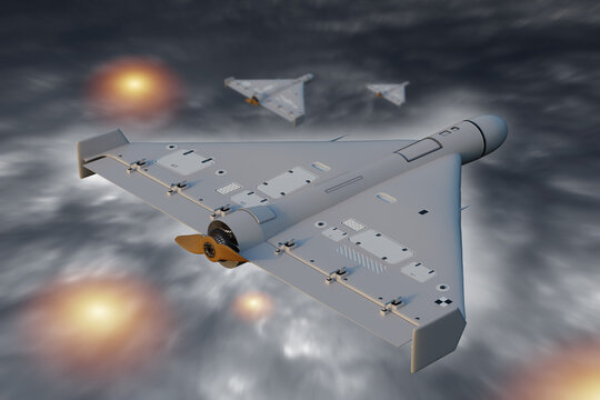 Military aviation, drone warfare. Shahed type combat drones fly in formation above clouds during night strike mission representing modern unmanned aerial attack technology.