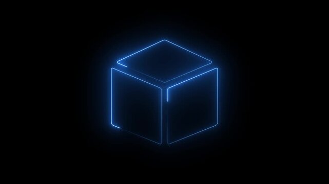 Glowing looping pentagonal neon square frame effect, black background. Technology Sign, Colorful Neon Figure On Black Background. 4k