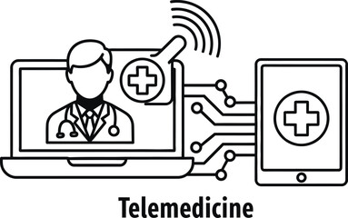 Fototapeta premium Telemedicine concept with doctor and medical symbols on laptop and smartphone