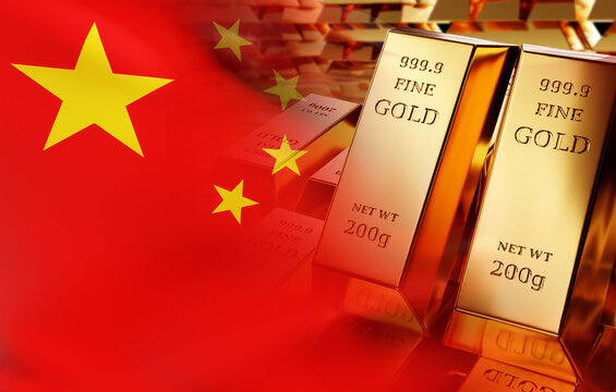 Global finance, precious metals market. Gold bars with China flag background symbolizing national reserves, bullion investment and influence on international gold trade.