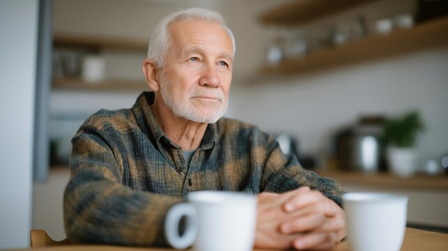 Elderly man sitting alone at a kitchen table with two coffee cups realizing his late partner is no longer there, perfect for senior grief concept, widower emotion, aging loss, elder loneliness,