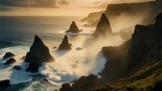 Dramatic coastal landscape at sunset with sea stacks and crashing waves.