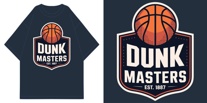 dunk masters basketball team est 1887 vintage varsity collegiate typography with orange ball t shirt design vector illustration artwork
