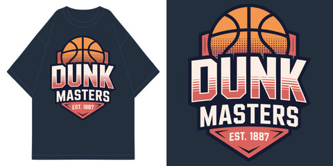 dunk masters basketball team est 1887 vintage varsity collegiate typography with orange ball t shirt design vector illustration artwork  © MFIEDTeeStock