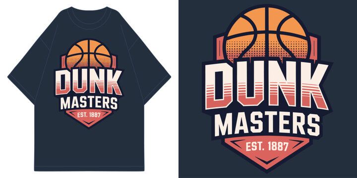 dunk masters basketball team est 1887 vintage varsity collegiate typography with orange ball t shirt design vector illustration artwork
