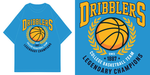 dribblers college basketball team legendary champions with vintage orange ball and laurel wreath t shirt design vector illustration artwork  © MFIEDTeeStock
