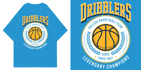 dribblers college basketball team legendary champions with vintage orange ball and laurel wreath t shirt design vector illustration artwork  © MFIEDTeeStock
