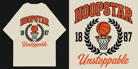 hoopstar unstoppable basketball legends since 1987 vintage varsity collegiate typography with laurel wreath t shirt design vector illustration artwork  © MFIEDTeeStock