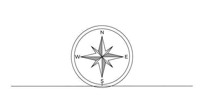 Continuous Line Drawing of a Navigation Compass Showing Cardinal Directions