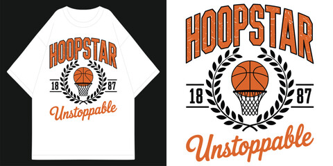 hoopstar unstoppable basketball legends since 1987 vintage varsity collegiate typography with laurel wreath t shirt design vector illustration artwork  © MFIEDTeeStock