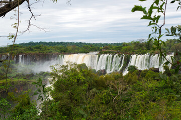 Obraz premium Scenic landscape with Iguazu River at Iguazu National Park with famous Iguazu Falls on a cloudy spring day. Photo taken October 7th, 2025, Iguazu National Park, Argentina.