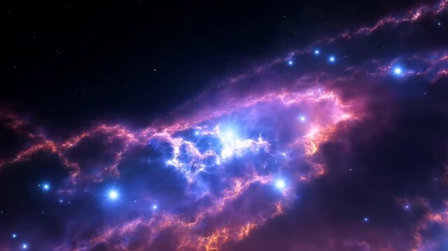 Colorful Cosmic Display. Vivid Violet Nebula Illuminated By Glowing Star Formations And Cosmic Gases