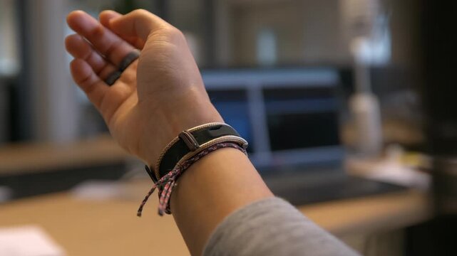 Biometric wristband worn by an interviewee in a medium shot capturing realtime stress and heart rate data for interview analysis.