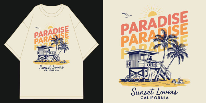 paradise sunset lovers california with lifeguard tower palm trees and bicycle vintage beach aesthetic t shirt design vector illustration artwork
