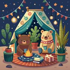 Vector illustration of 2 bears camping at night with tent and fire © Rana Islam