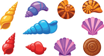 Vibrant cartoon vector collection of various sea shells including spiral conchs, colorful scallops, and snail shells in bright blue, purple, orange, and red tones © MdGohurul