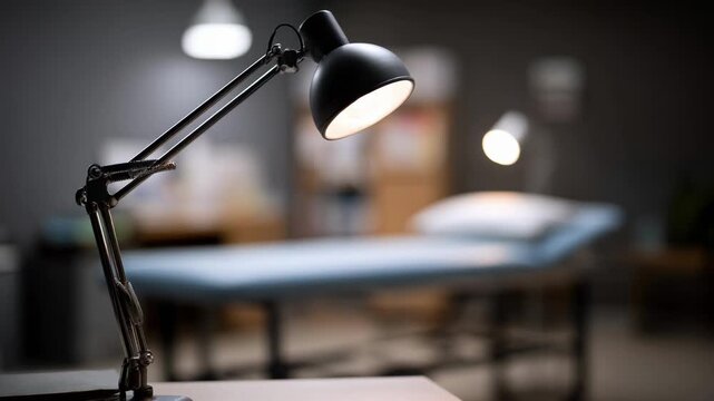 Medium shot of adjustable desk lamp illuminating exam table background softly blurred to emphasize focused task lighting in clinical setting.