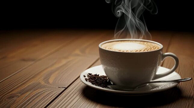 Coffee beverage and hot drink in a cozy morning setting with steaming cappuccino being enjoyed by a person relaxing at home Warmth comfort and relaxation with aromatic coffee beans and a silver spoon