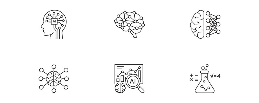Machine learning and artificial intelligence concept icons featuring human brain neural networks big data analysis and scientific laboratory research