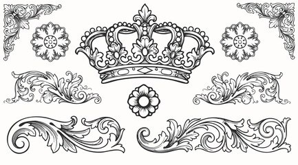 Vintage baroque floral ornament illustration sets. Engraved hand drawn sketch, isolated on white background. © Otpirus