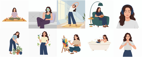 Fototapeta premium Stylish Flat Illustration of Woman Engaged in Self Care Activities Collection