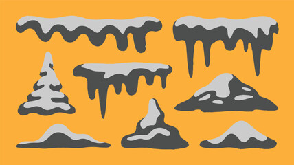 Naklejka premium Vector graphic set of various cartoon snow caps, melting drifts, and icy drips for winter design projects