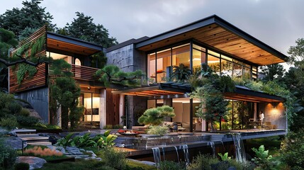 Obraz premium Luxury eco villa with green roof gardens and waterfalls at dusk