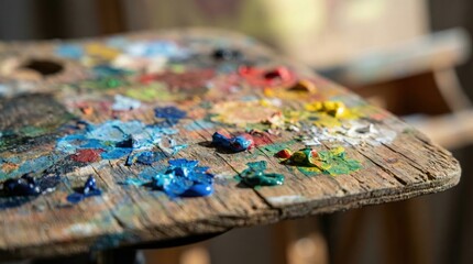 Fototapeta premium Paint-covered wooden palette in an artist's workspace