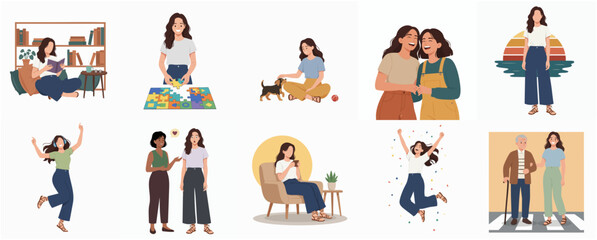 Modern Flat Illustration of Woman Doing Activities at Home and Outdoor Lifestyle