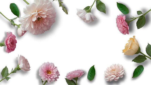 floral border animation featuring soft pink flowers, roses, and green leaves arranged around the edges on a clean white background. Perfect for spring designs
