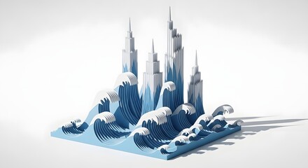 Fototapeta premium 3d rendering of a blue and white cityscape on a square base isolated on white background with tall buildings and waves