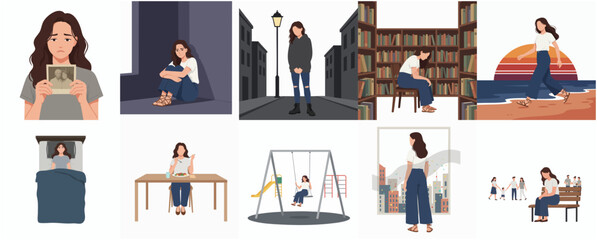 Flat Illustration Set of Depressed Young Woman in Different Life Scenarios