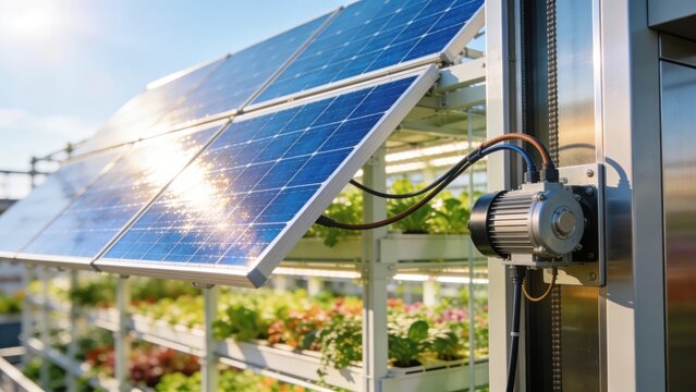 Close-up of solar panels powering elevator system on vertical farm building with sunlight and flourishing plants