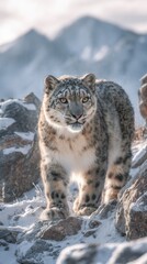 Obraz premium Snow leopard standing on snowy terrain