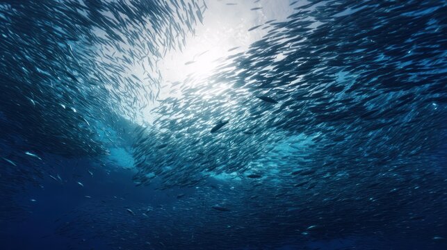 Massive school of sardines moving in unison through deep blue ocean water. wildlife magazines, conservation campaigns, designed for eco-tourism storytelling, used by creative directors.